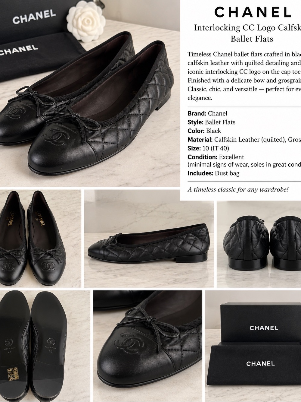 Chanel Black Quilted Calfskin Interlocking CC Ballet Flats Size 40